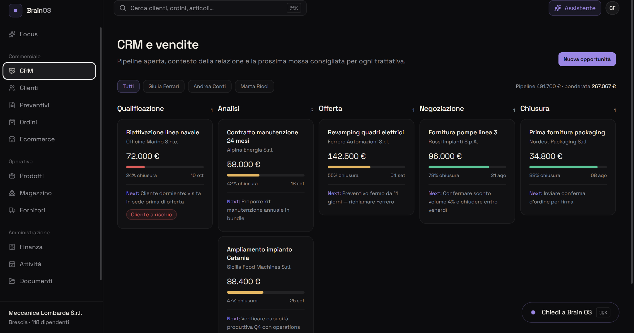 Prototipo NODIX: CRM e pipeline vendite con suggerimenti contestuali